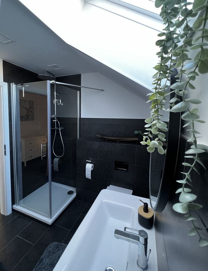 Bad mit Dachfenster, Dusche und Waschtisch