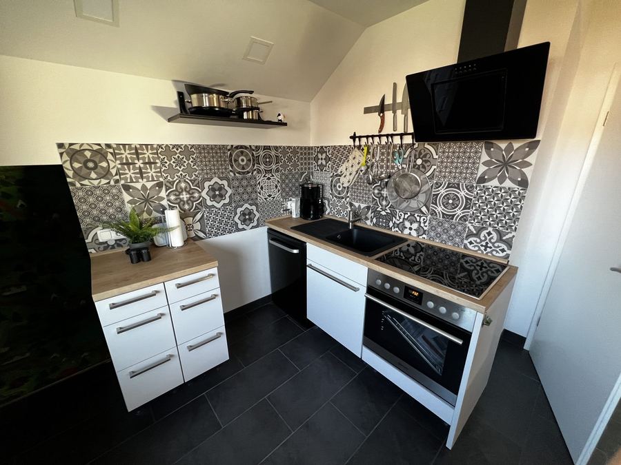 Küche mit Mosaikfliesen, Ceranfeld, Backofen und Spülmaschine