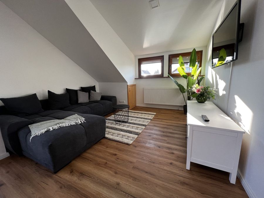 Wohnbereich mit großer Couch und TV im Sonnenlicht